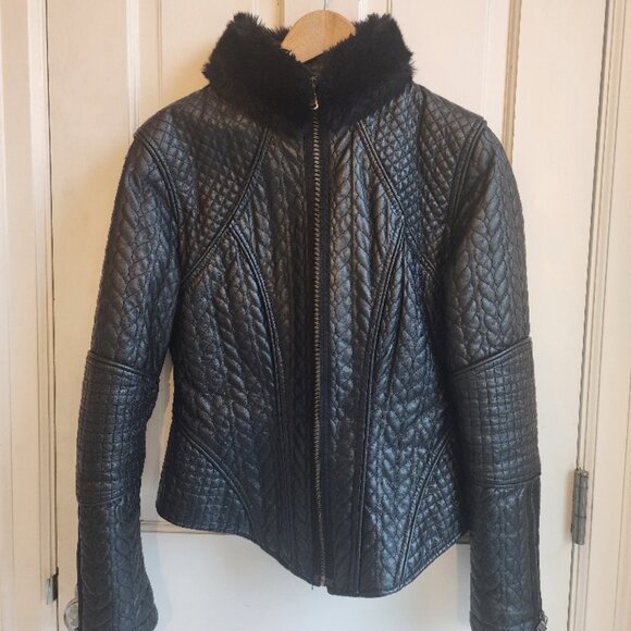 Moda International Quilted Leather Jacket Removable Faux Fur Collar Sz Small EUC - Picture 1 of 16